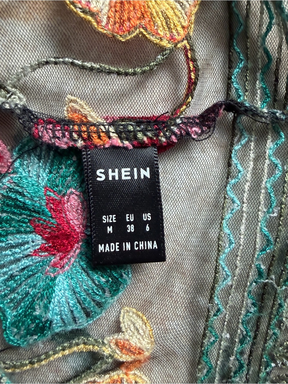 SHEIN Embroidered Floral Mesh Crop Top - Black with Multi-Color Flowers - Picture 3 of 3